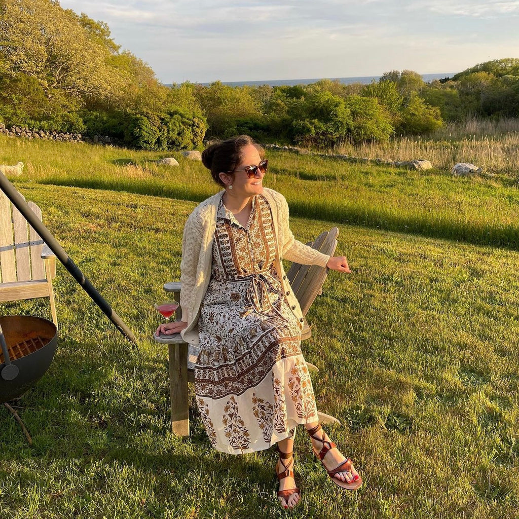 Sarah Flint in her Fisherman Knit Cardigan