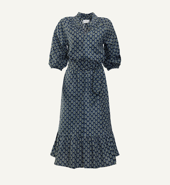 floaty midi dress in block print cotton voile Blue Block Print Floral Lily Dress Navy Floral / x-small