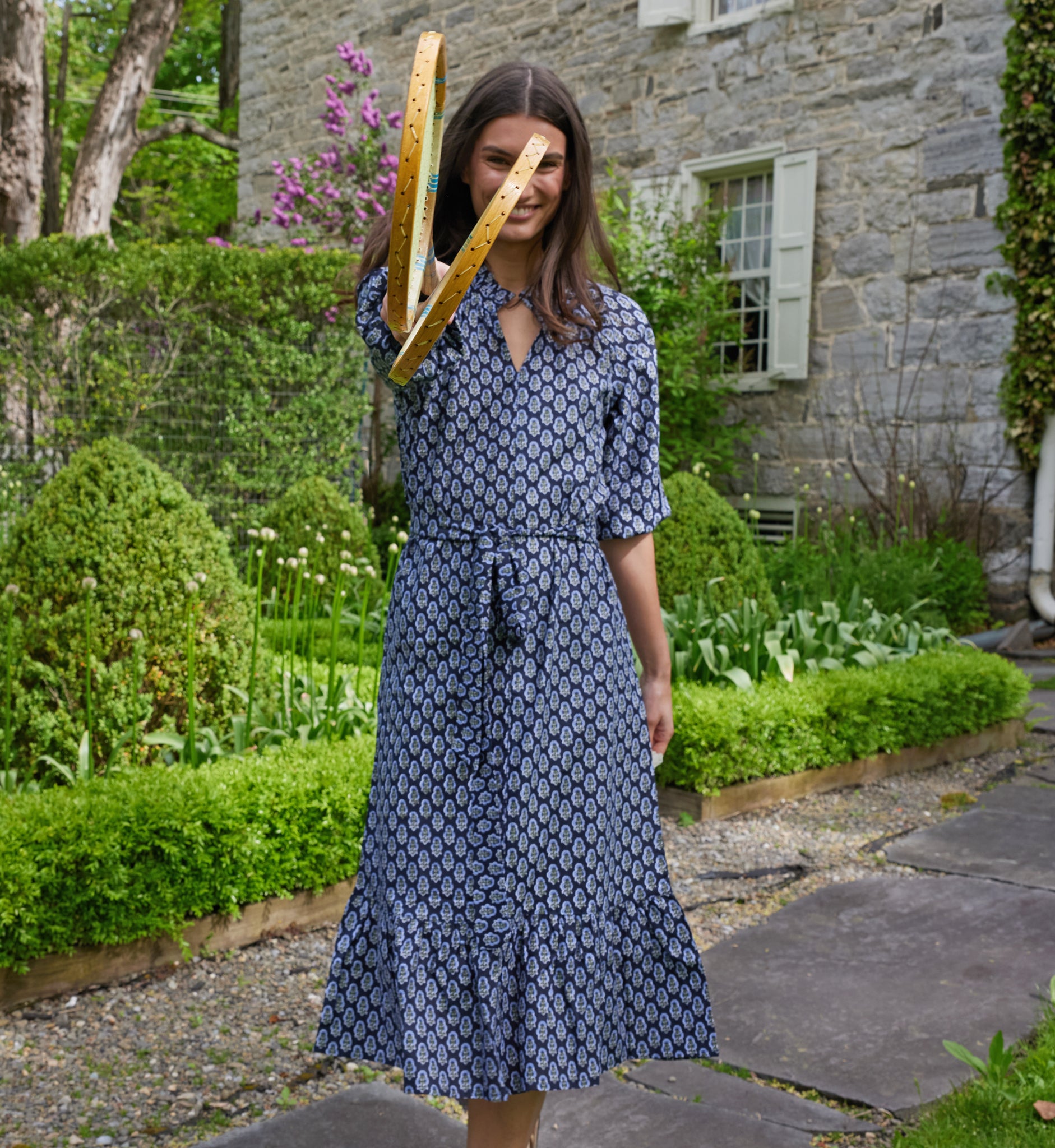 Blue Block Print Floral Lily Dress Navy Floral / x-small