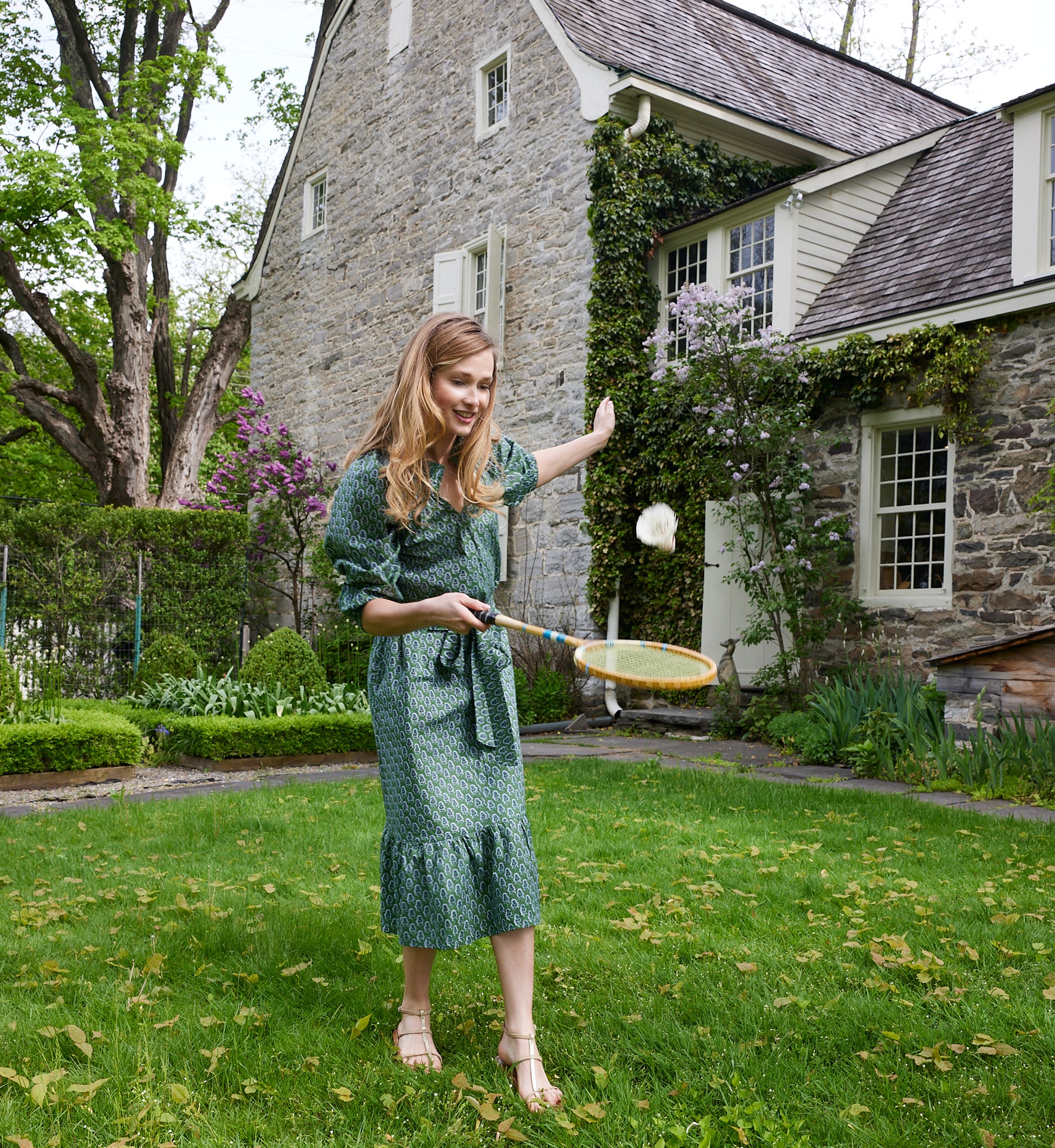 green block print dress Lillie caftan maxi dress green block print