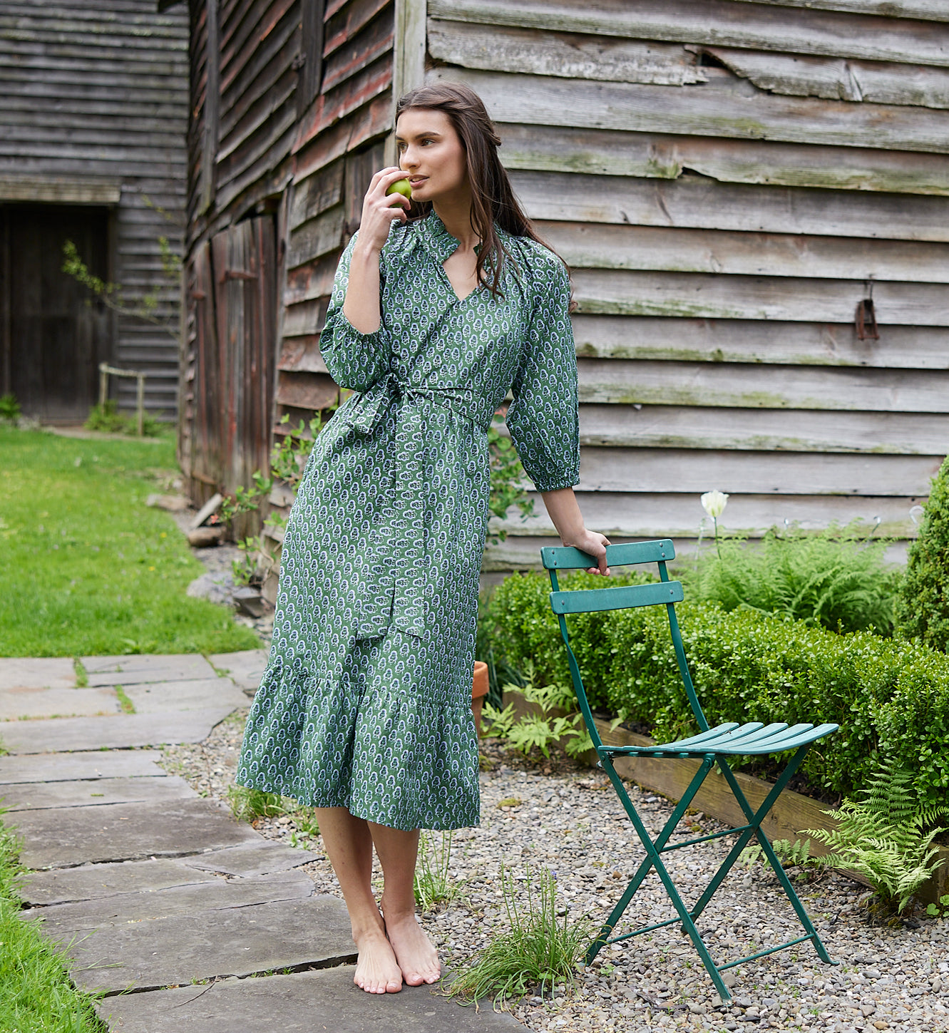 green block print dress Meg Ankle Dress in Smoke Green Blockprint by ExVoto, S